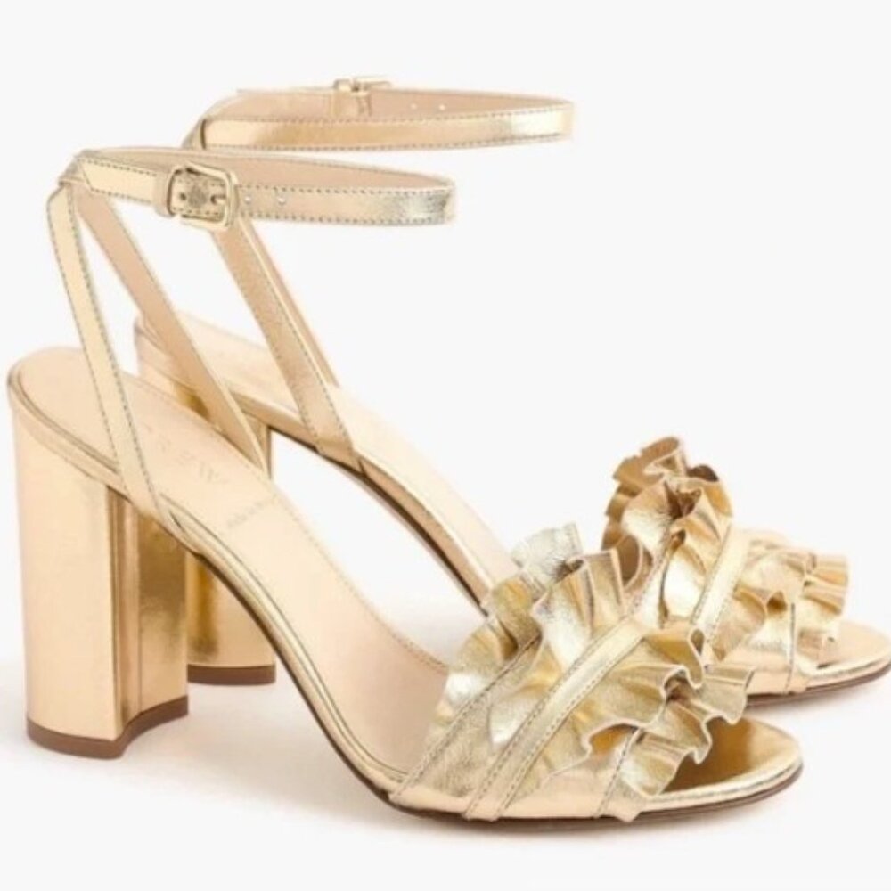 J. Crew! Italian leather, gold ruffle, peep toe & block heel!  8.5, Excellent!